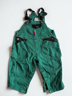 Vintage C.B. Kid Striped Overalls 12M Green Cotton Baby Romper